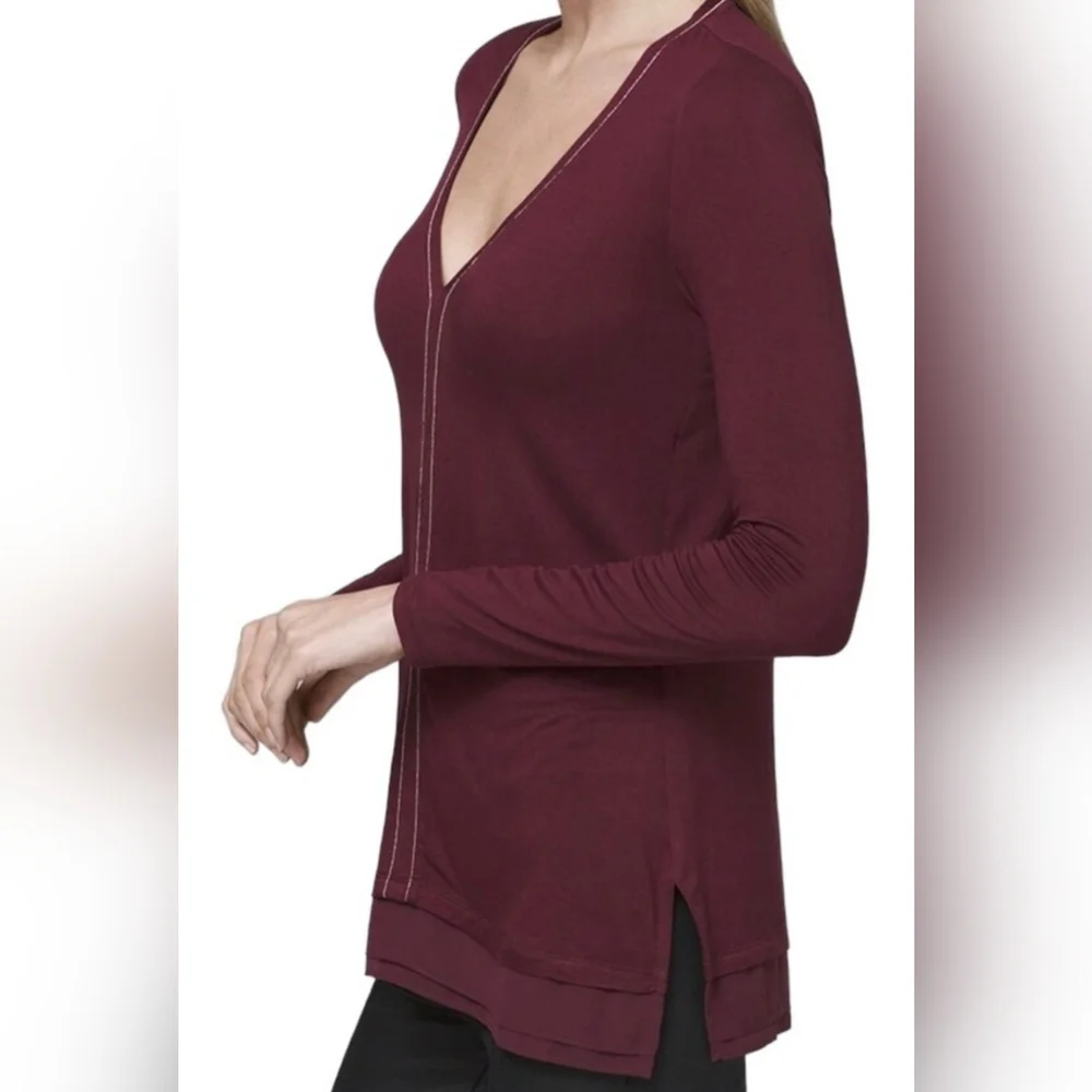 White House Black Market Lg Burgundy Silver Micro Bead Trim Chiffon Hem V-Neck - Picture 3 of 8